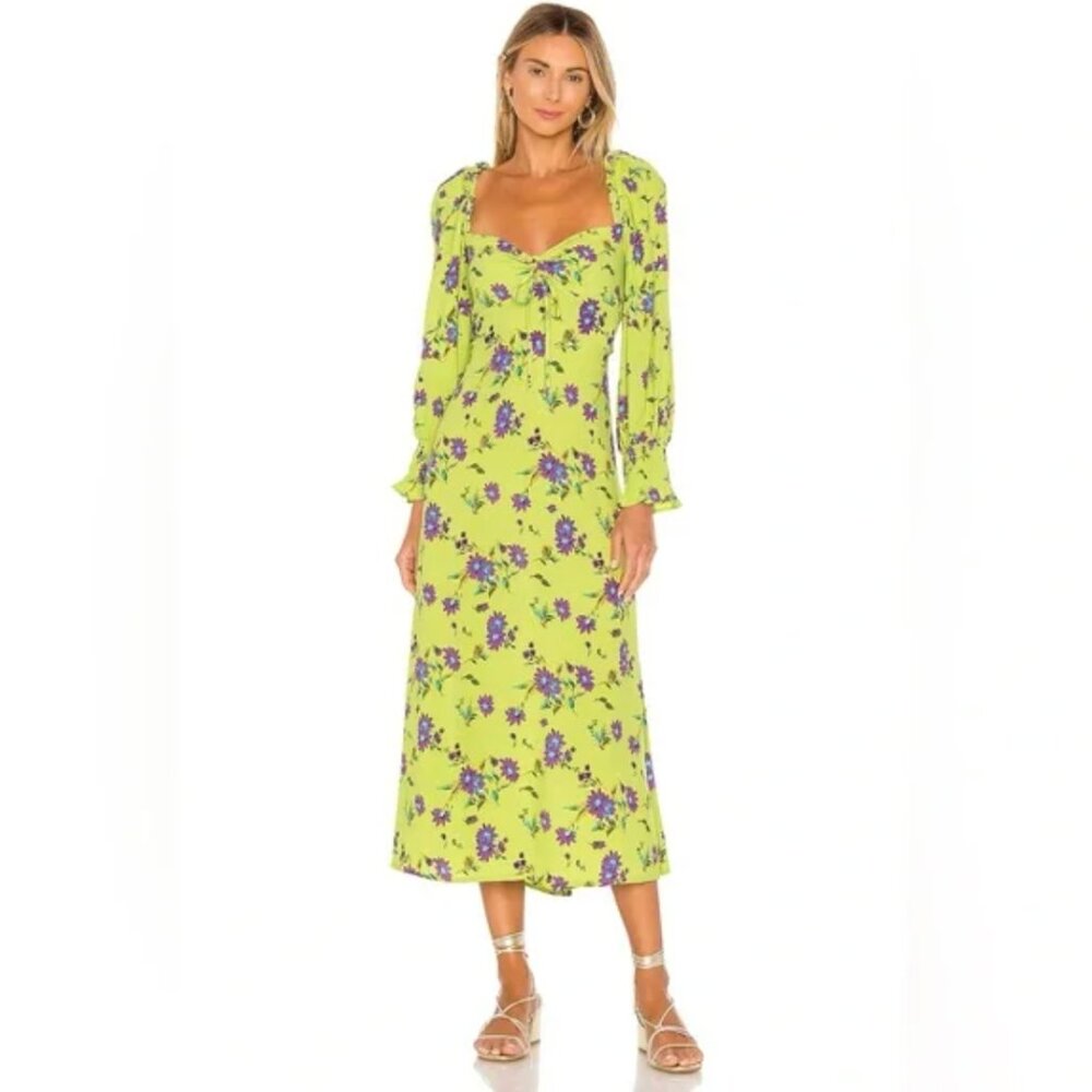 Faithfull The Brand | Mathilde Long Sleeve Midi Dress Lime Green & Purple Size 6